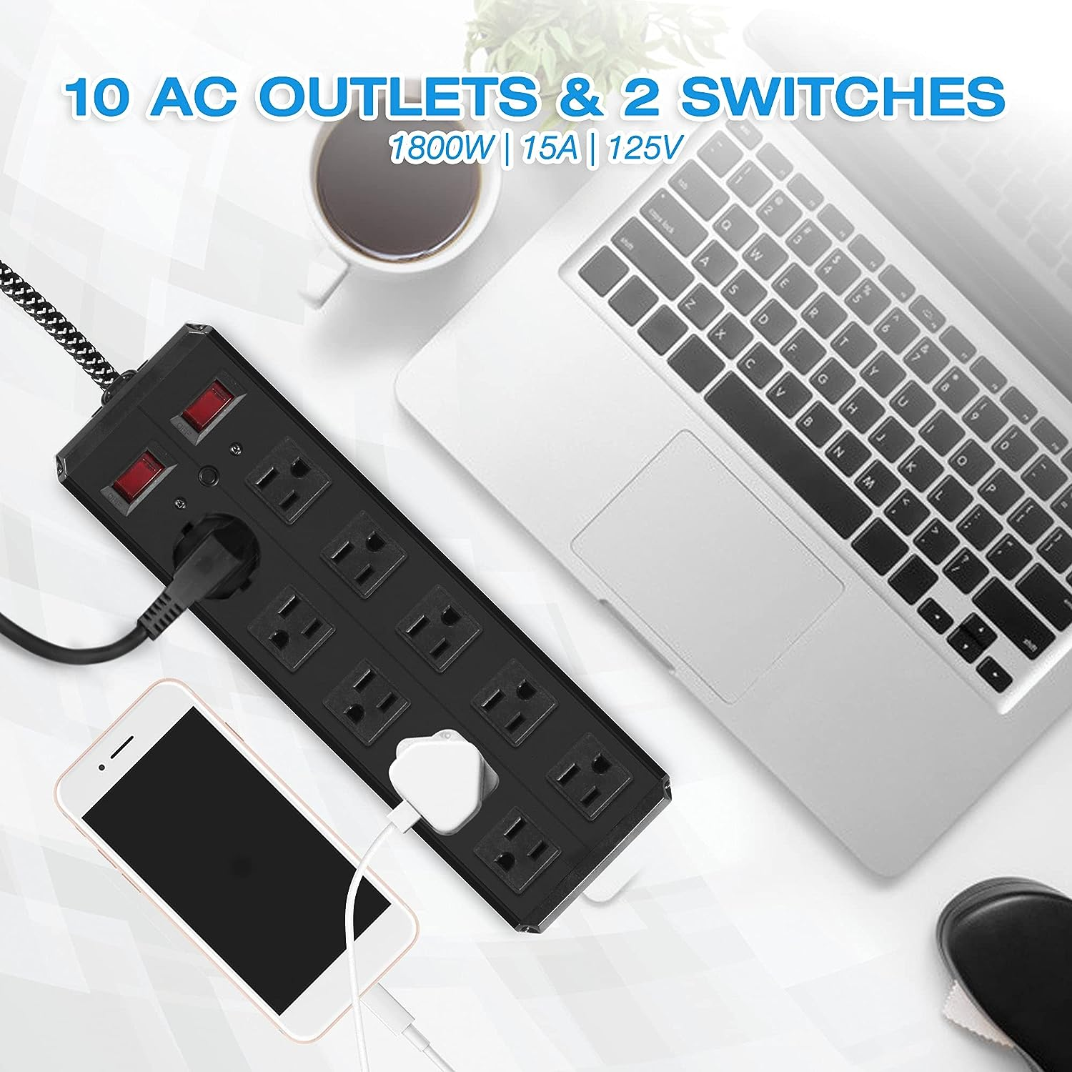 E-Macht Surge Protector Power Strip with Outlets Ports 6-Foot Cord for Home, Office -Black