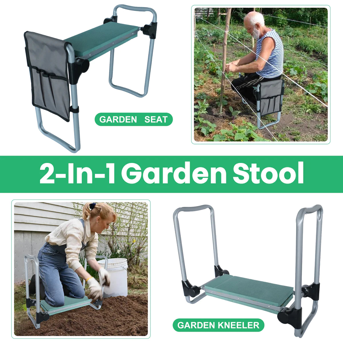 Ergonomic Portable Foldable Garden Kneeler Bench with Tools Bag, Green