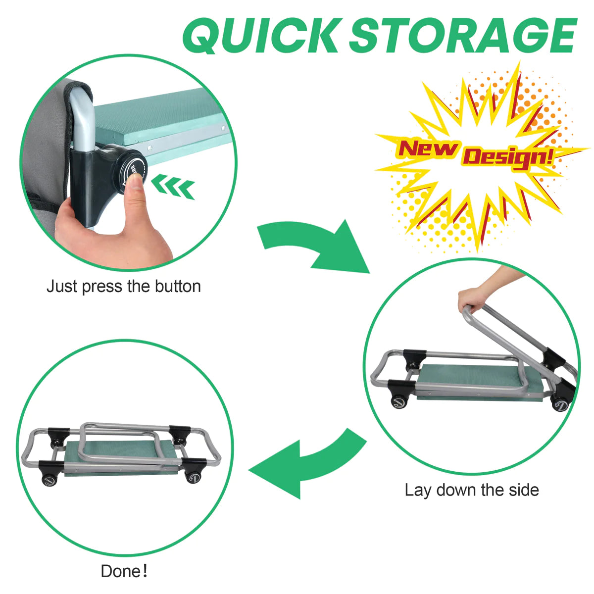 Ergonomic Portable Foldable Garden Kneeler Bench with Tools Bag, Green