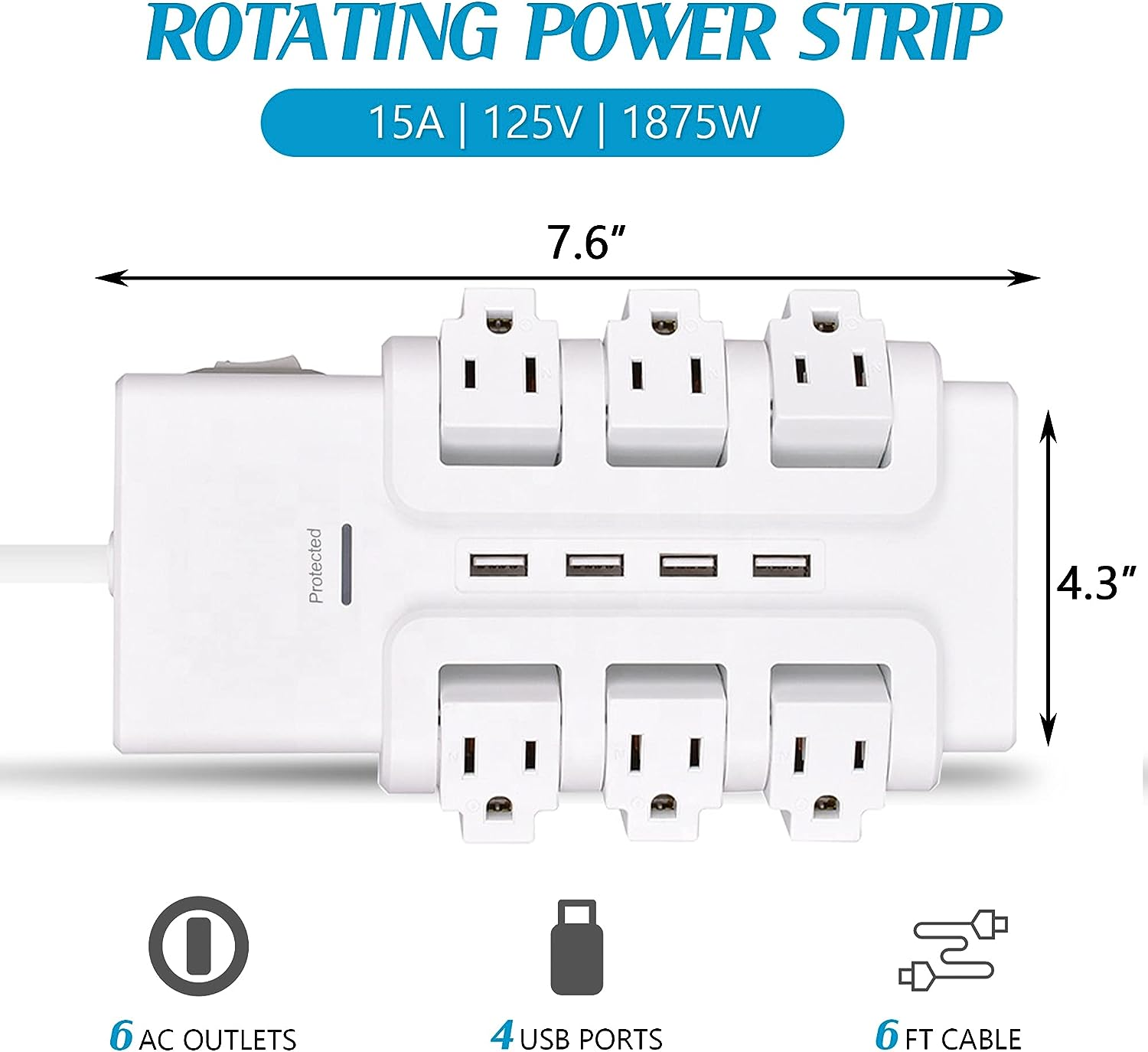 E-Macht 6 Outlets Extender Rotating Power Strip Surge Protector with 4 USB Ports and 6ft Heavy Duty Extension Cord Wall Mount for Home Office | e-macht.com