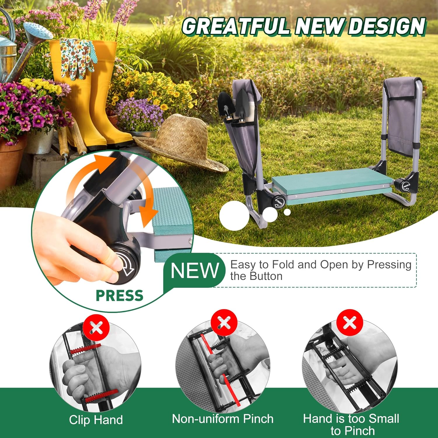 Ergonomic Upgraded Garden Kneeler and Seat, Foldable Gardening Stool with 2 Tool Pouches