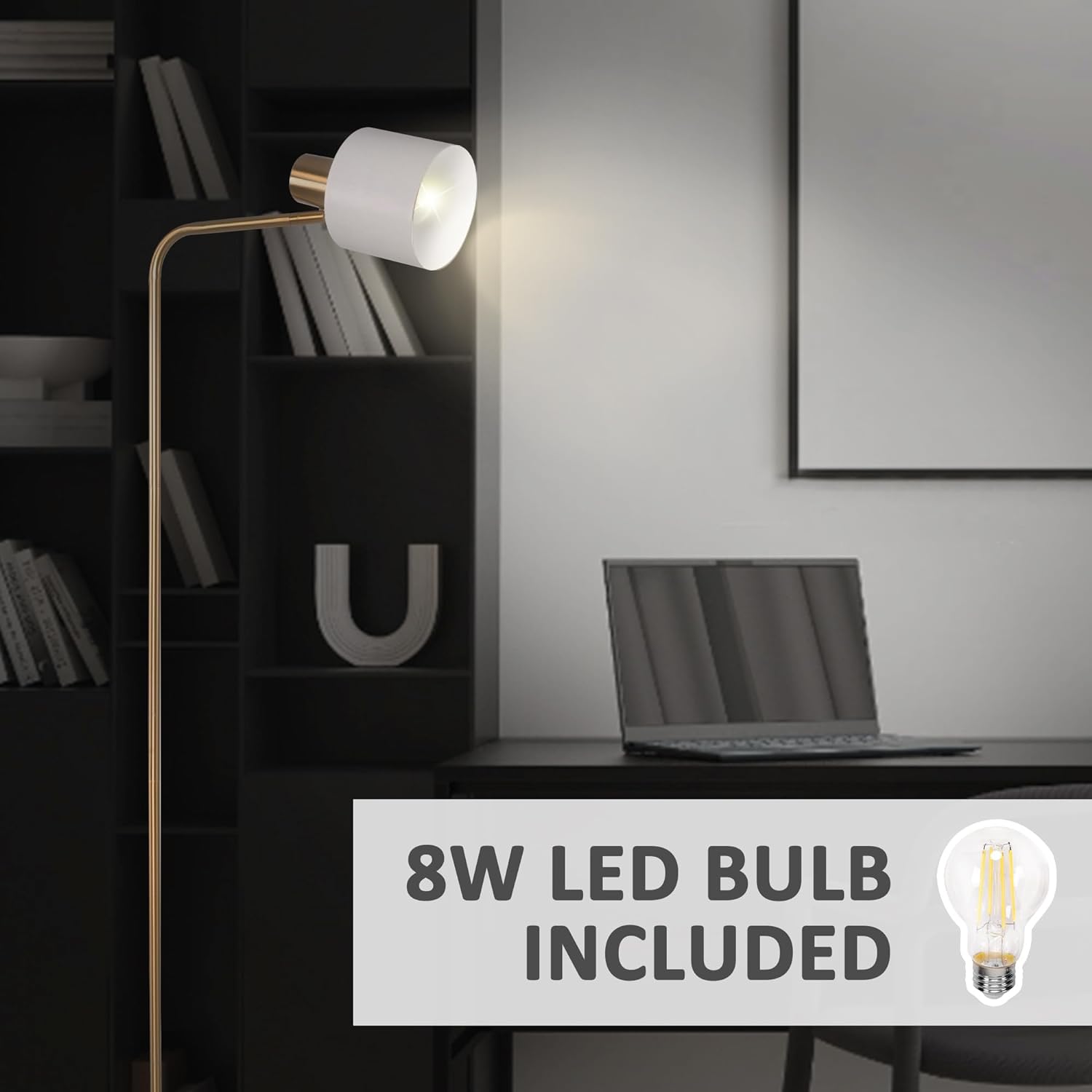 Standing Floor Lamps with 8W LED Bulb, Foot Switch & Adjustable Head,White
