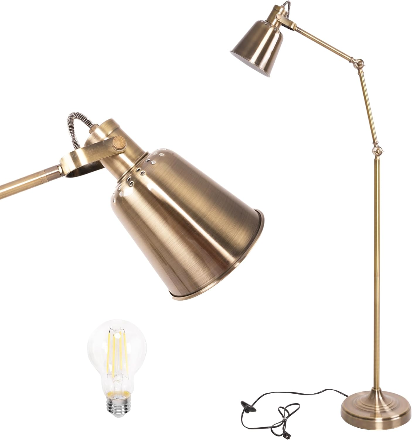 Standing Floor Lamps with 8W LED Bulb, Foot Switch & Adjustable Head, Gold