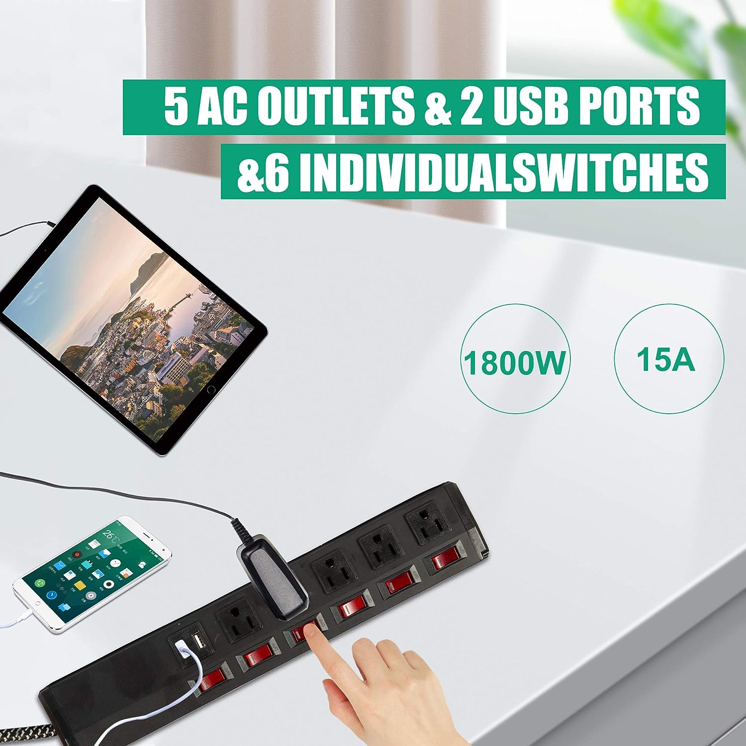 E-Macht Surge Protector Power Strip with Outlets and USB Charging Ports 6-Foot Cord for Home, Office -Black (2, 5 outlets+2 USB)