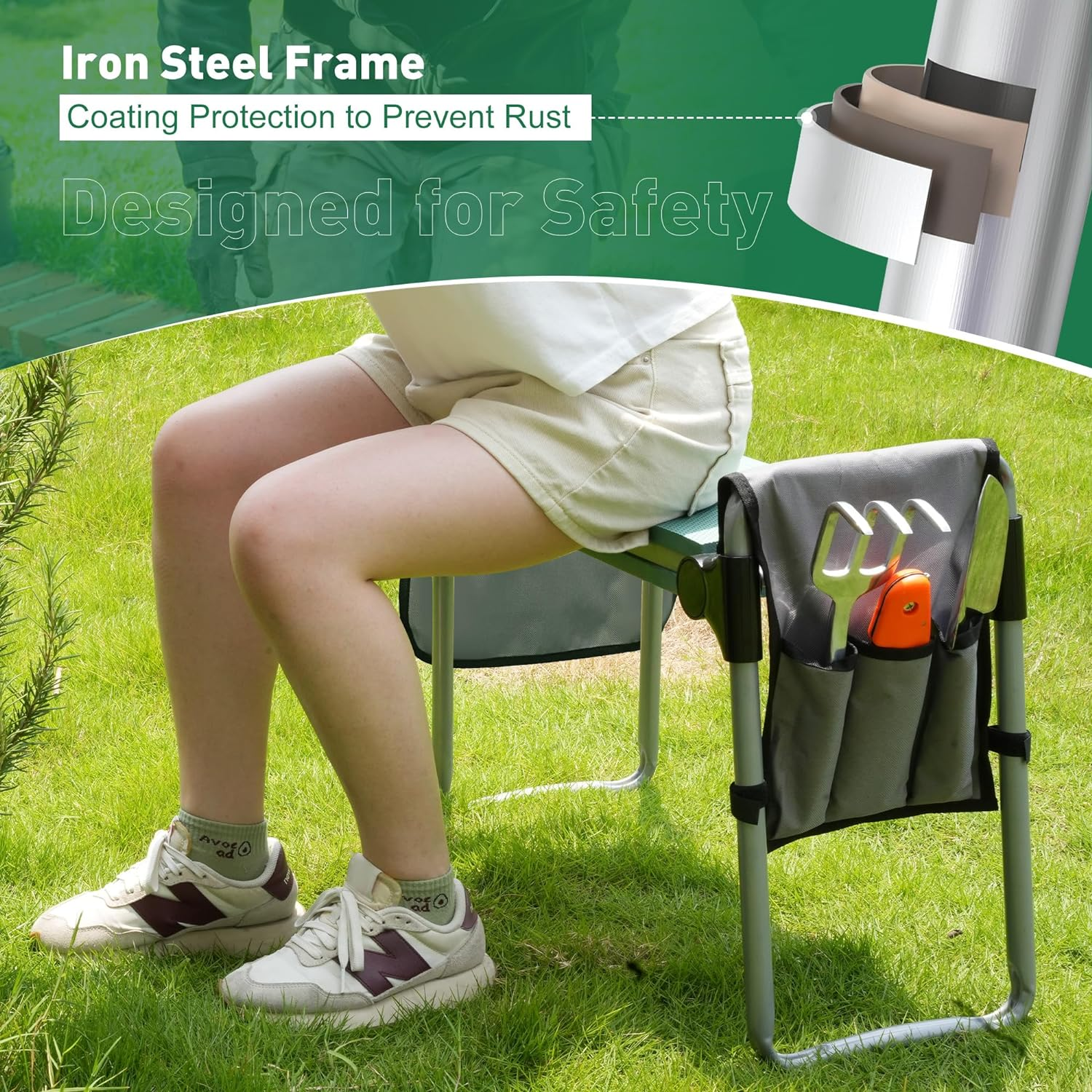 Ergonomic Upgraded Garden Kneeler and Seat, Foldable Gardening Stool with 2 Tool Pouches