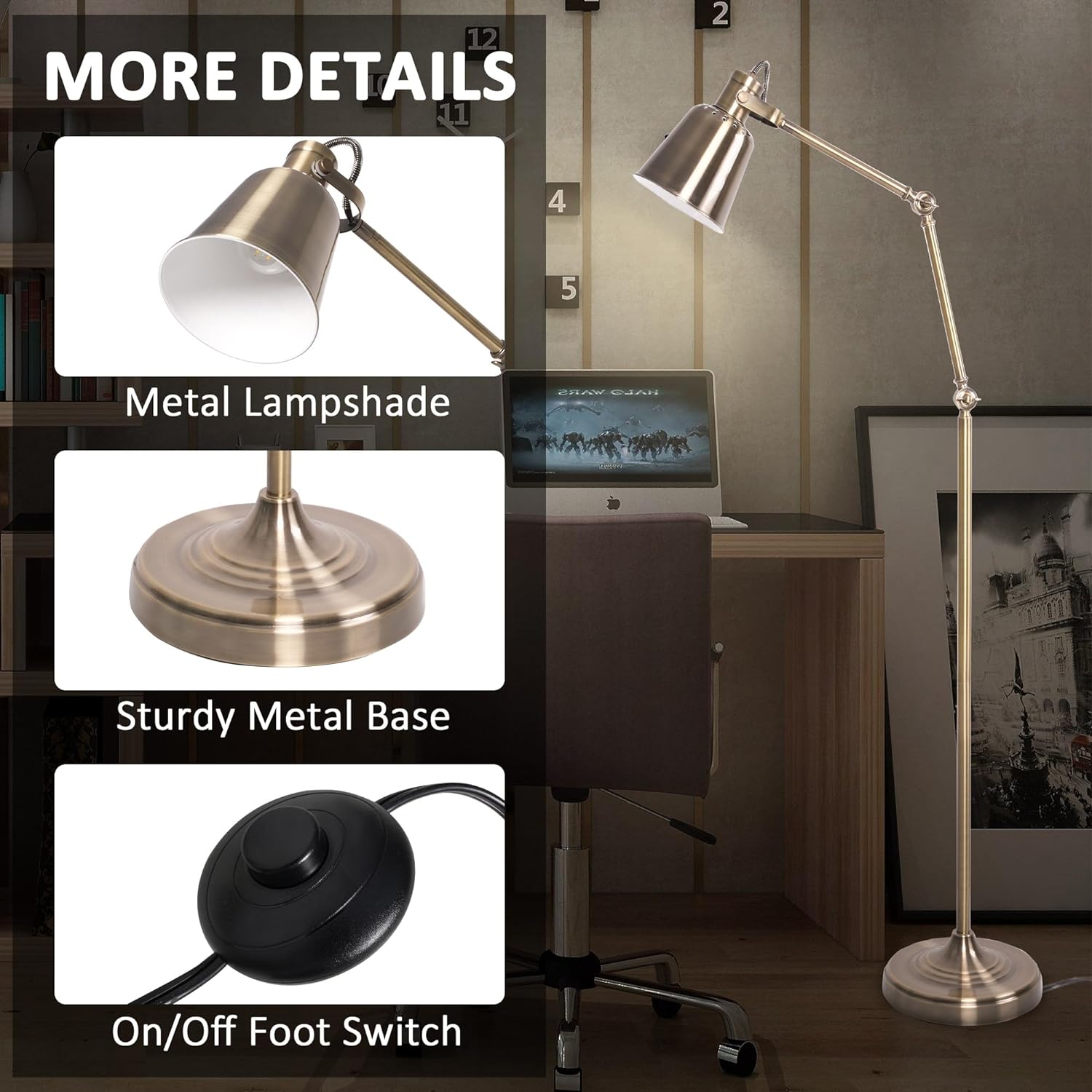 Standing Floor Lamps with 8W LED Bulb, Foot Switch & Adjustable Head, Gold