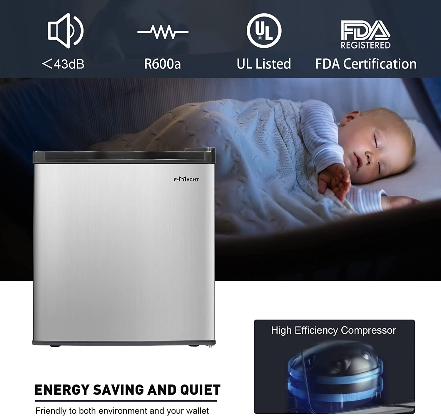 E-Macht 1.6 Cu.Ft. Mini Fridge with Freezer & Adjustable Thermostat, Single Door Compact Refrigerator for Dorm, Office, Bedroom