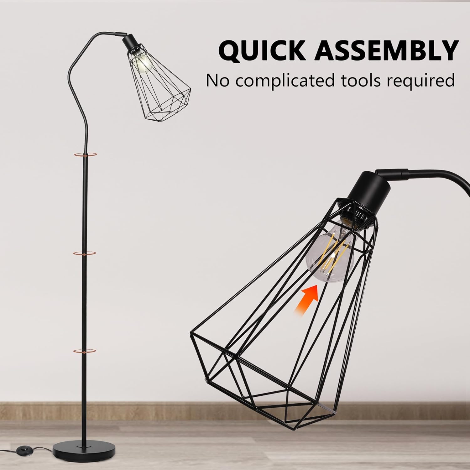 Minimalist Standing Floor Lamps with 8W LED Bulb, Foot Switch & Adjustable Head, Black