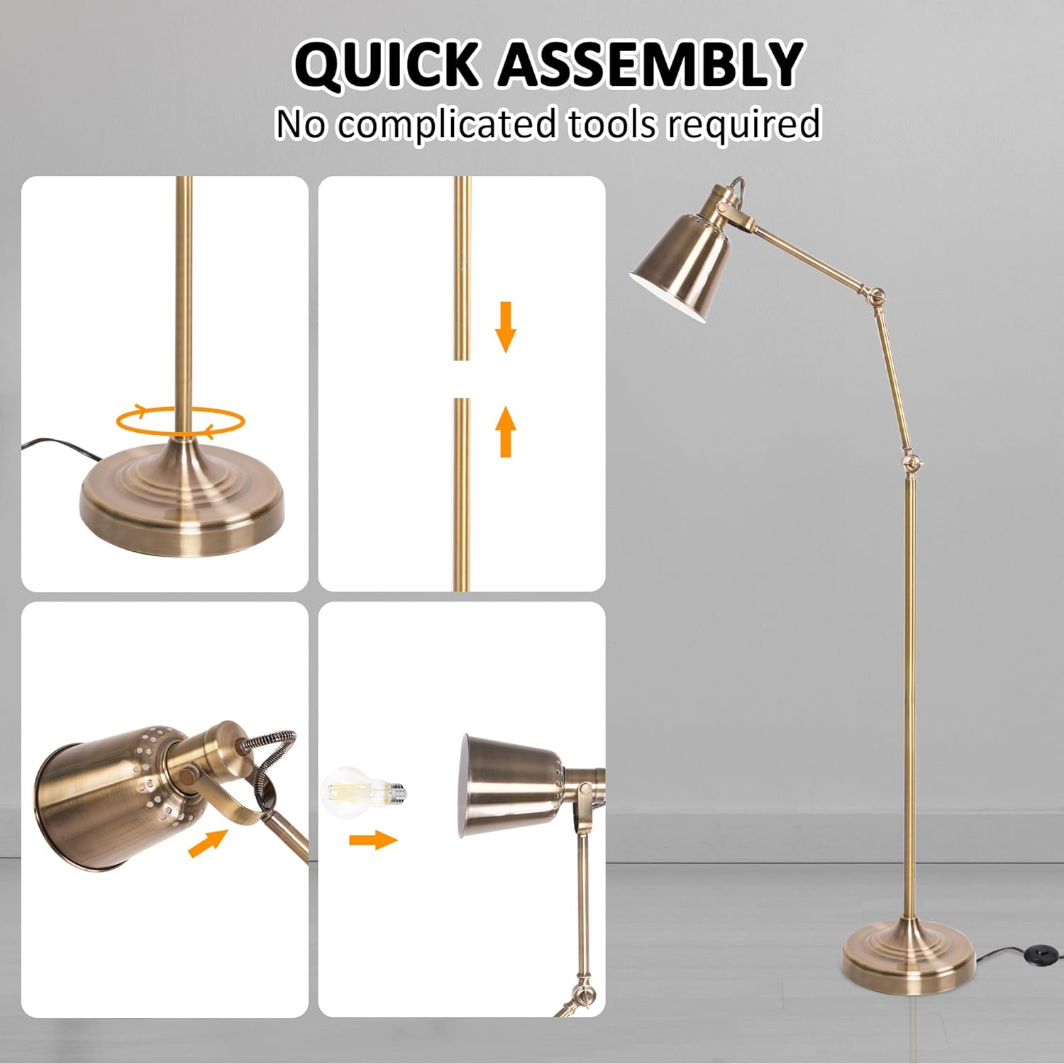 Standing Floor Lamps with 8W LED Bulb, Foot Switch & Adjustable Head, Gold