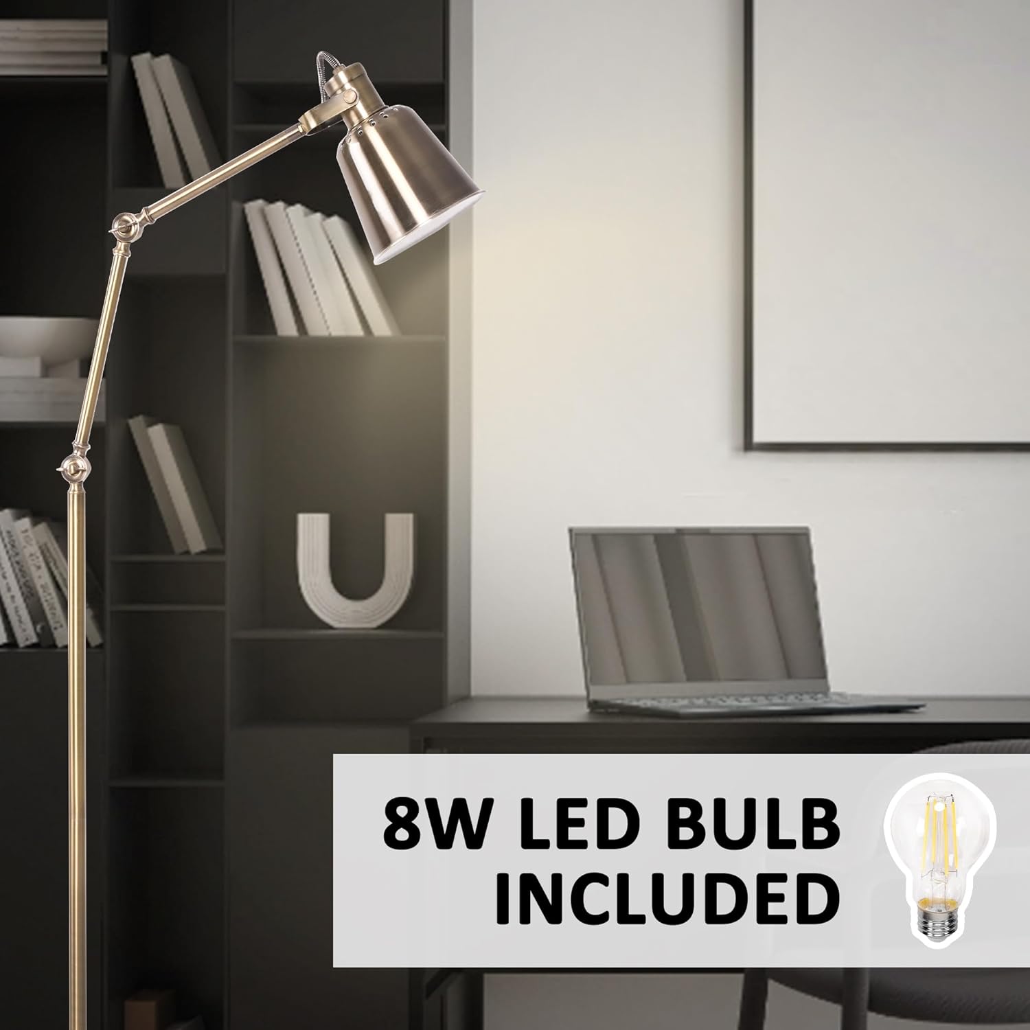 Standing Floor Lamps with 8W LED Bulb, Foot Switch & Adjustable Head, Gold