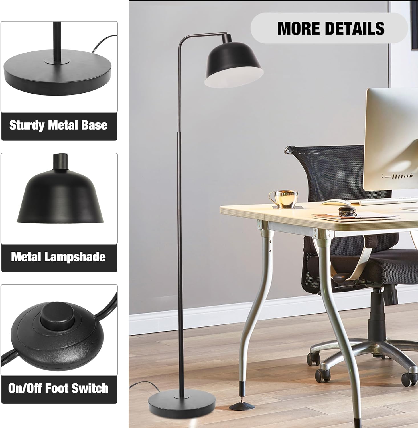 Standing Floor Lamps with 8W LED Bulb, Foot Switch & Adjustable Head, Black