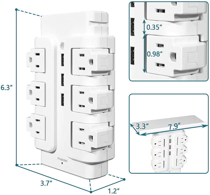 E-Macht Power Strip Tower 6 Outlets 3 Usb with Removable Shelf Wall Mount for Home Office| e-macht.com