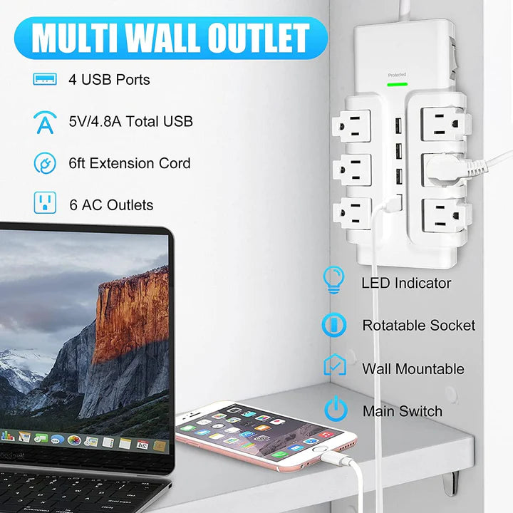 E-Macht 6 Outlets Extender Rotating Power Strip Surge Protector with 4 USB Ports and 6ft Heavy Duty Extension Cord Wall Mount for Home Office | e-macht.com