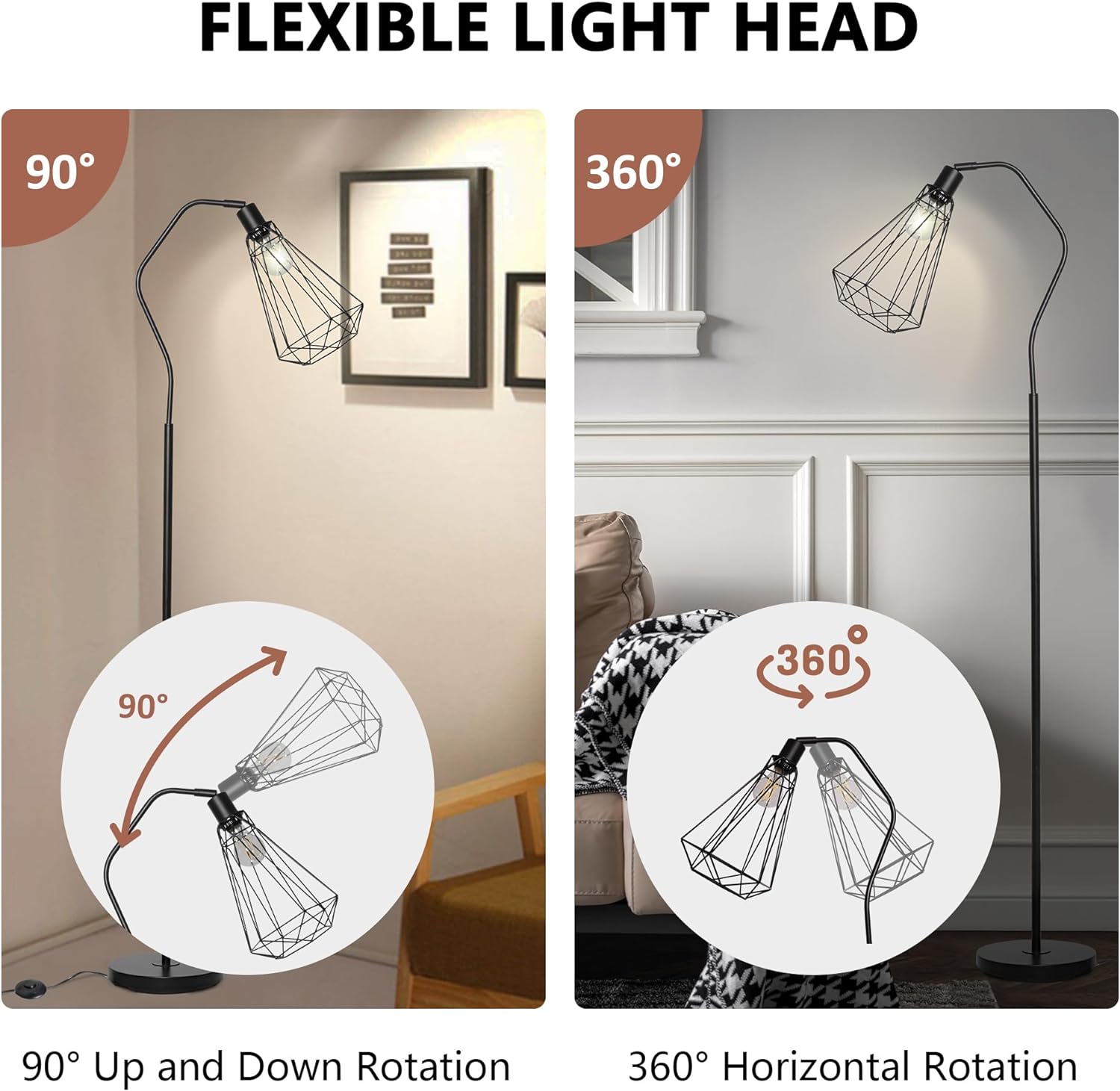 Minimalist Standing Floor Lamps with 8W LED Bulb, Foot Switch & Adjustable Head, Black