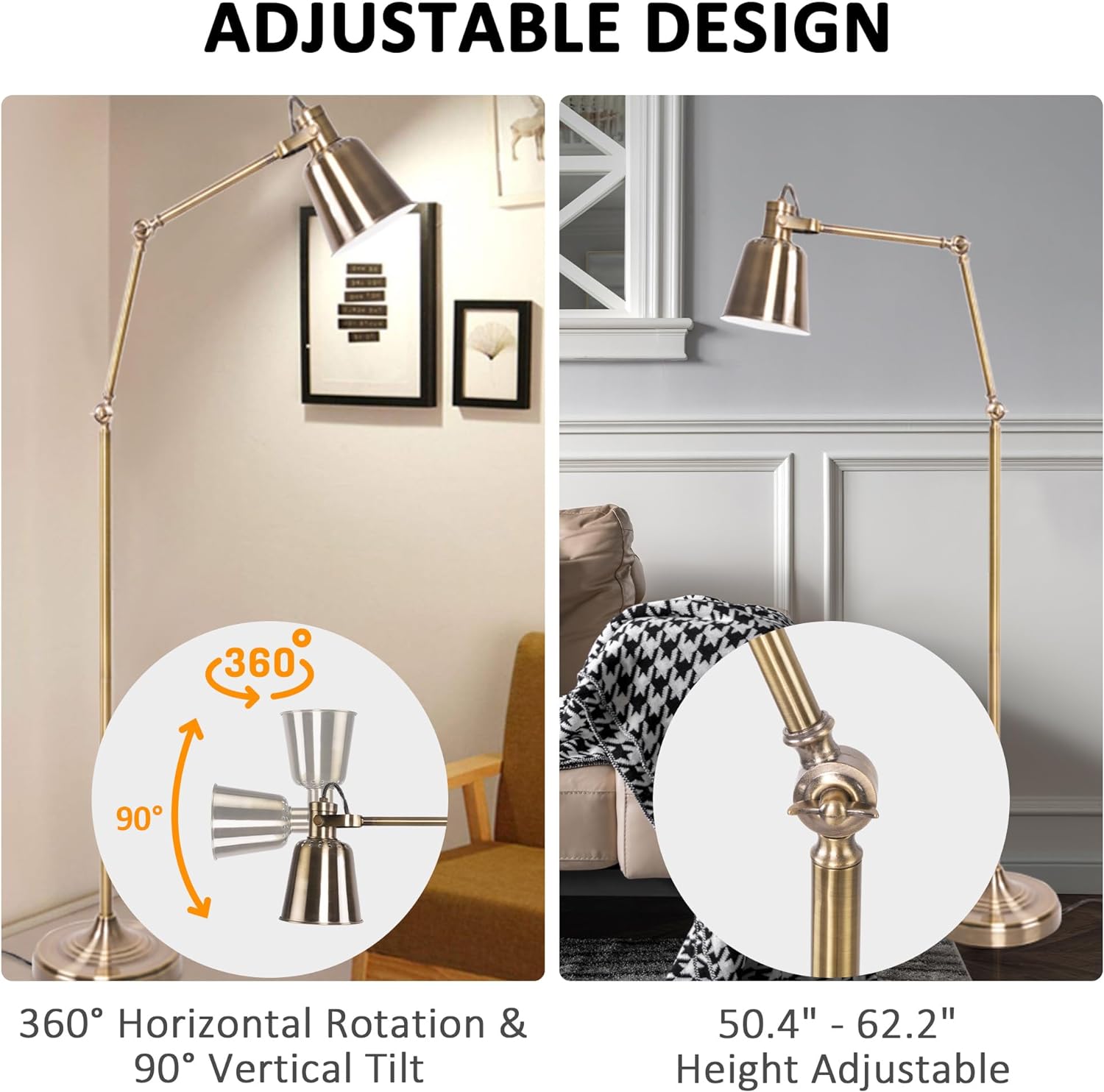 Standing Floor Lamps with 8W LED Bulb, Foot Switch & Adjustable Head, Gold