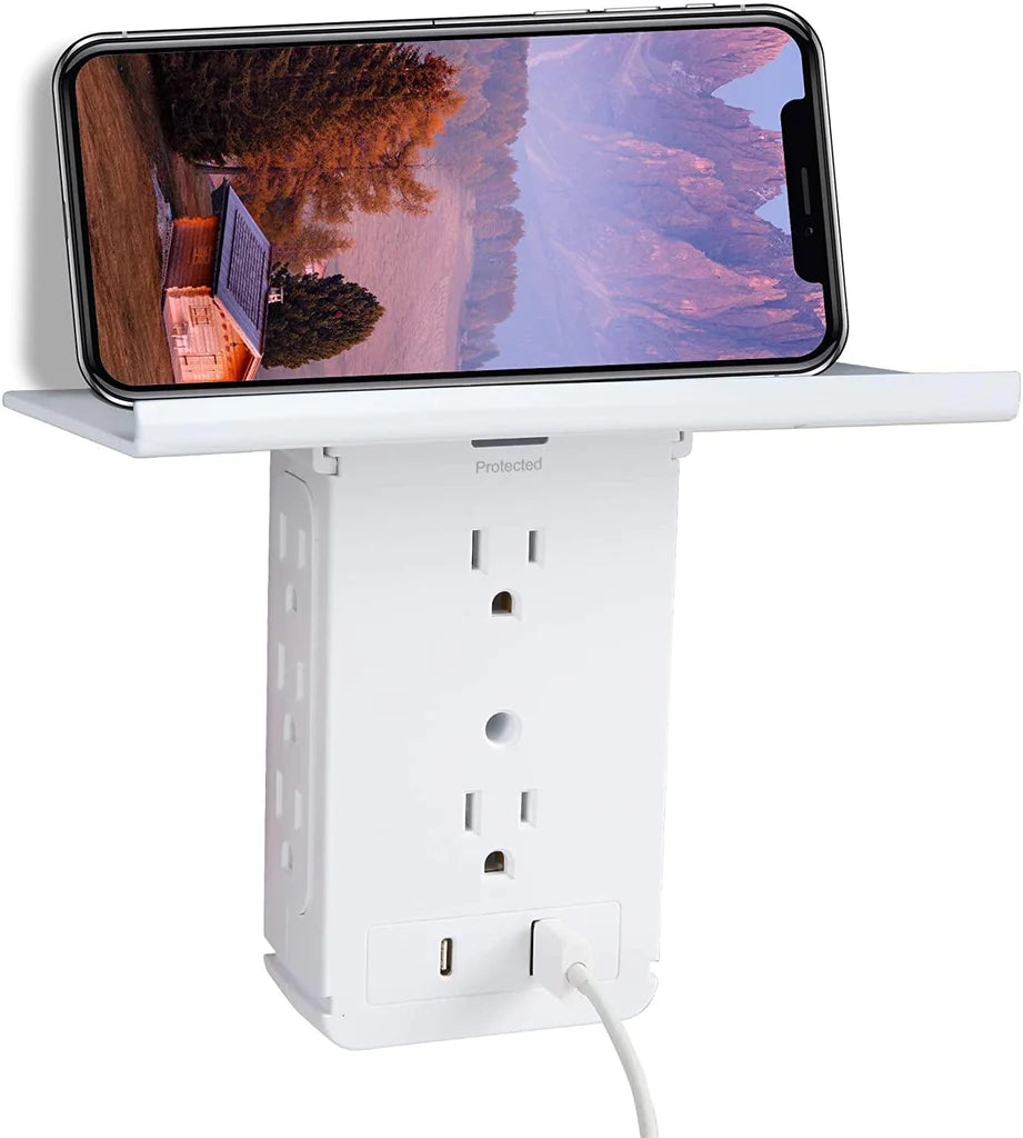 E-Macht Socket Shelf Outlet 2 Pack Surge Protector Extender Wall plug with USB A+C Ports(3.4A Total), 8 AC Outlets
