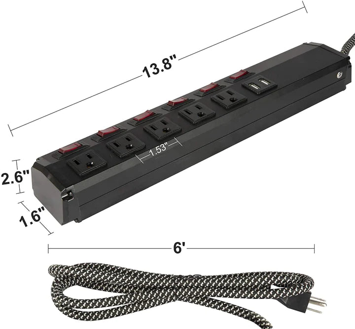 E-Macht Surge Protector Power Strip with Outlets and USB Charging Ports 6-Foot Cord for Home, Office -Black (2, 5 outlets+2 USB)