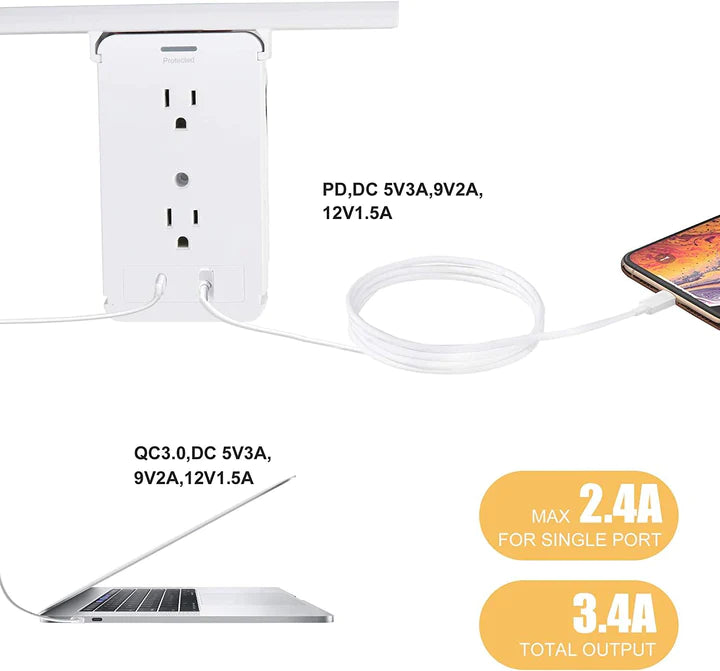 E-Macht Socket Shelf Outlet 2 Pack Surge Protector Extender Wall plug with USB A+C Ports(3.4A Total), 8 AC Outlets