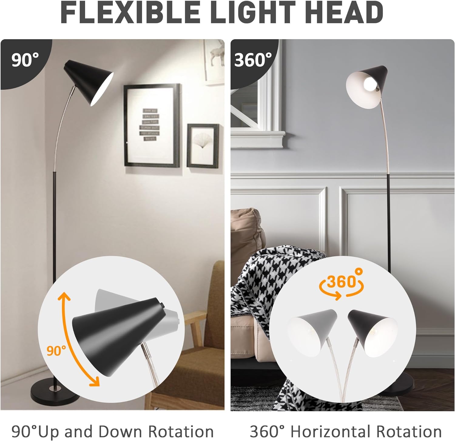 Standing Floor Lamps with 8W LED Bulb, Foot Switch & Adjustable Head, Black