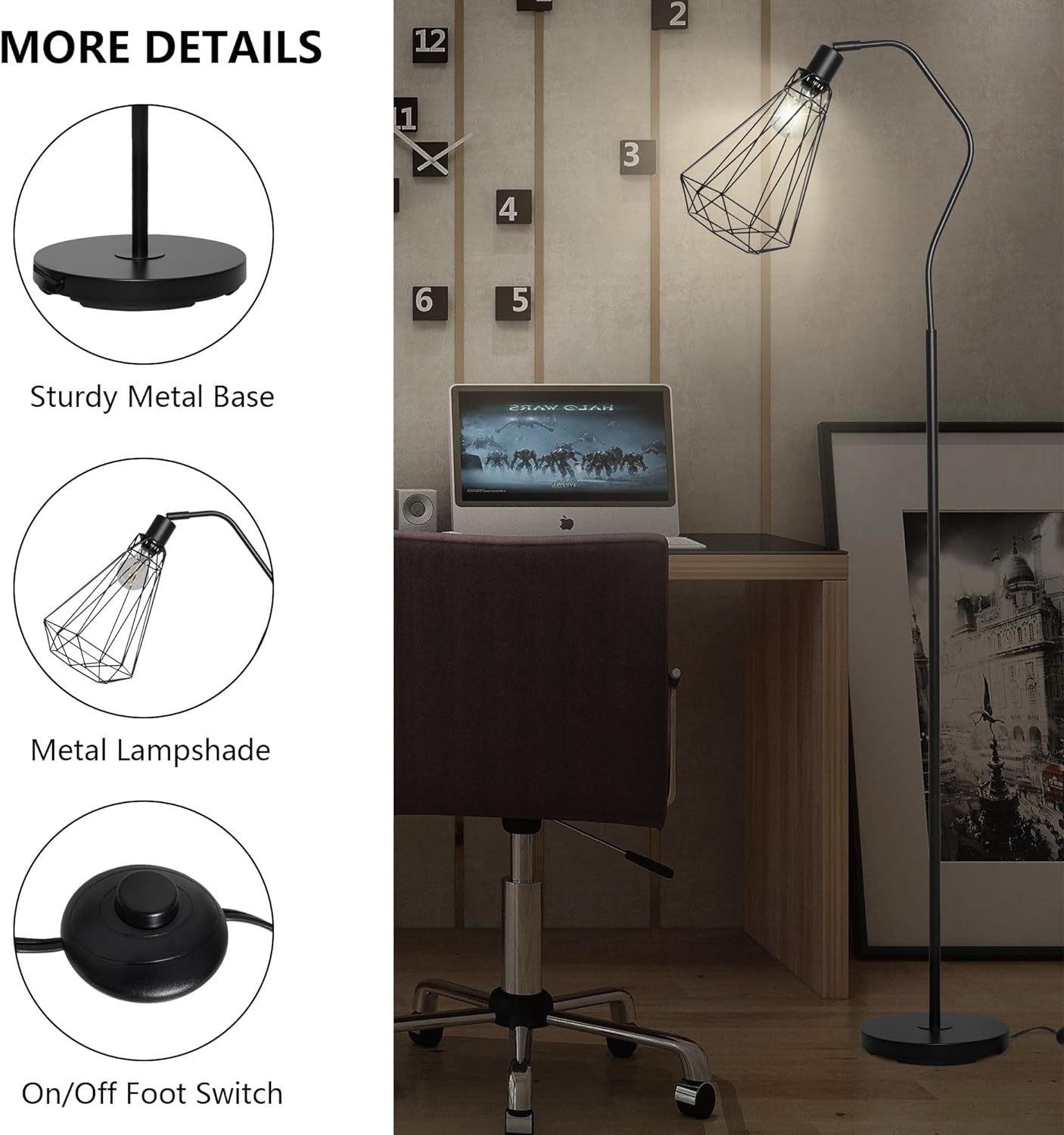 Minimalist Standing Floor Lamps with 8W LED Bulb, Foot Switch & Adjustable Head, Black