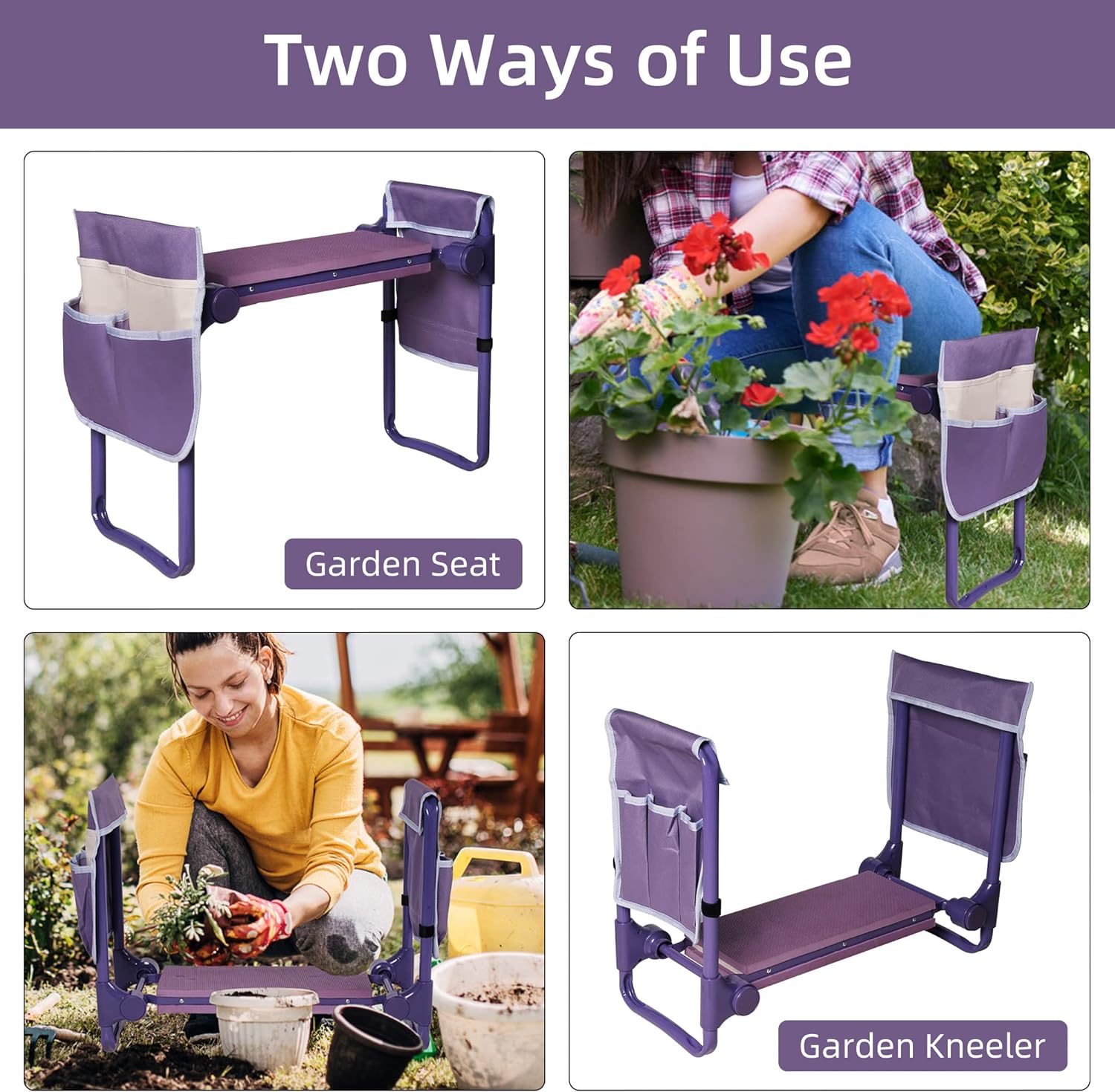 Ergonomic Garden Kneeler and Seat, Foldable Gardening Stool with 2 Tool Pouches, Purple
