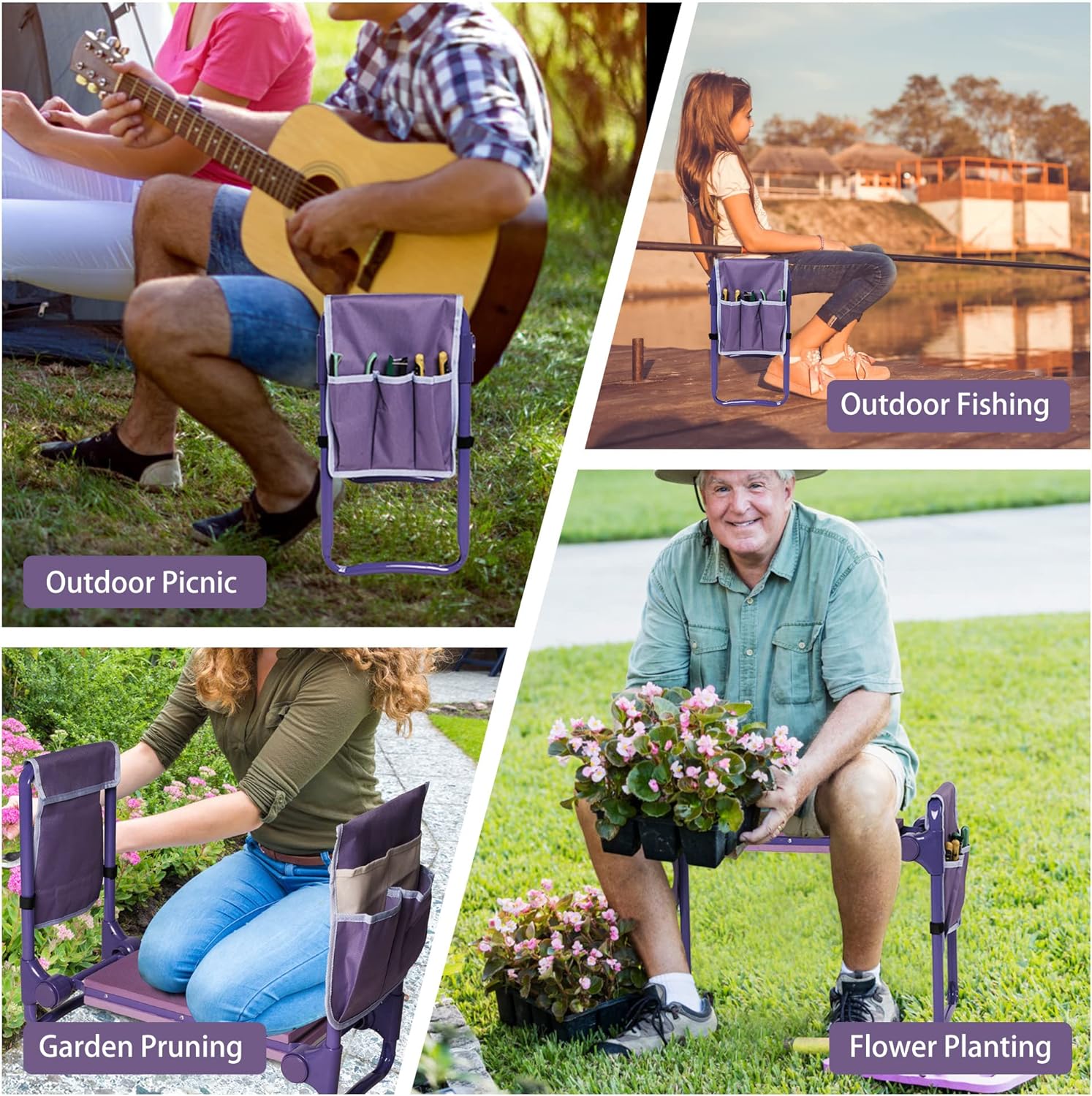 Ergonomic Garden Kneeler and Seat, Foldable Gardening Stool with 2 Tool Pouches, Purple