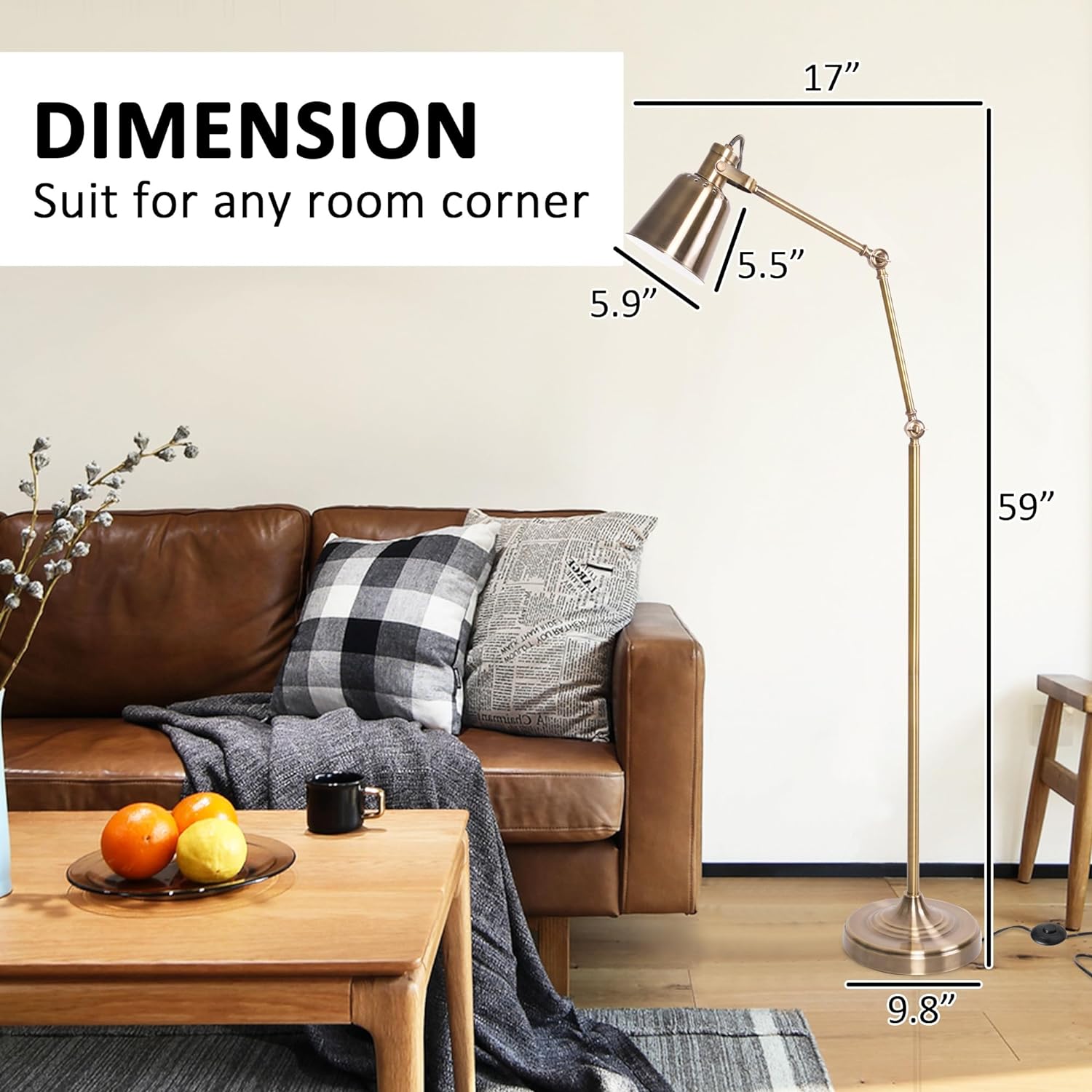 Standing Floor Lamps with 8W LED Bulb, Foot Switch & Adjustable Head, Gold