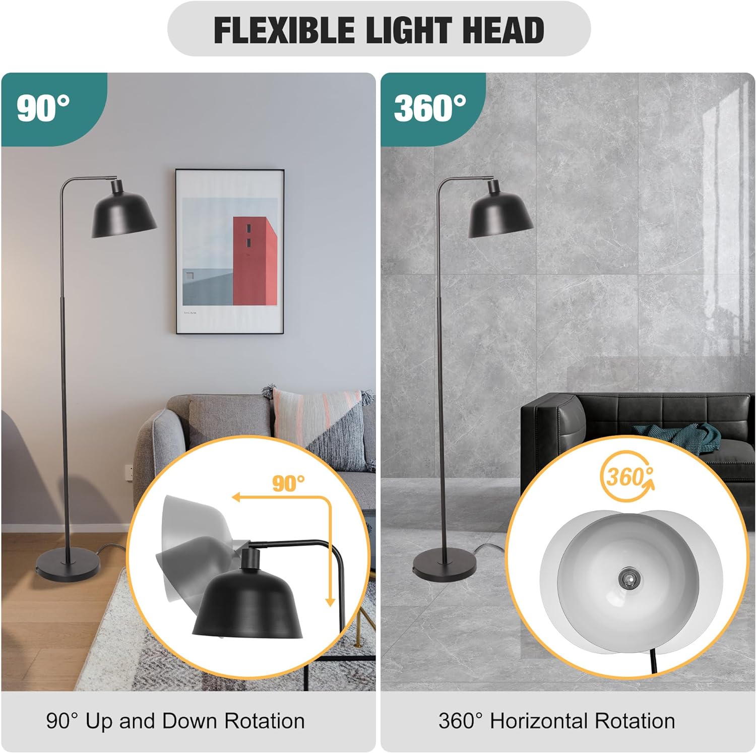 Standing Floor Lamps with 8W LED Bulb, Foot Switch & Adjustable Head, Black