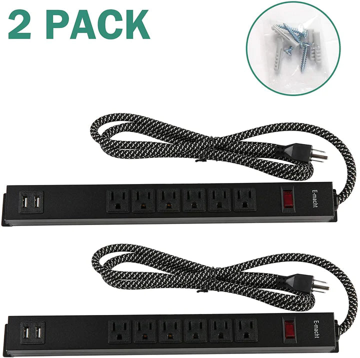 E-Macht 2 Pack Long Power Strip, 6 Metal Power Outlets 2 USB Ports, 6 ft Long Extension Cord with Hook & Loop, Black