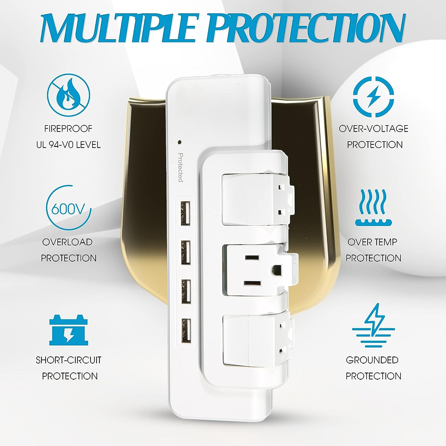 E-Macht Rotating Power Strip Surge Protector 1020 Joules 3 Outlet Extender with 4 USB Ports and 6ft Heavy Duty Extension Cord
