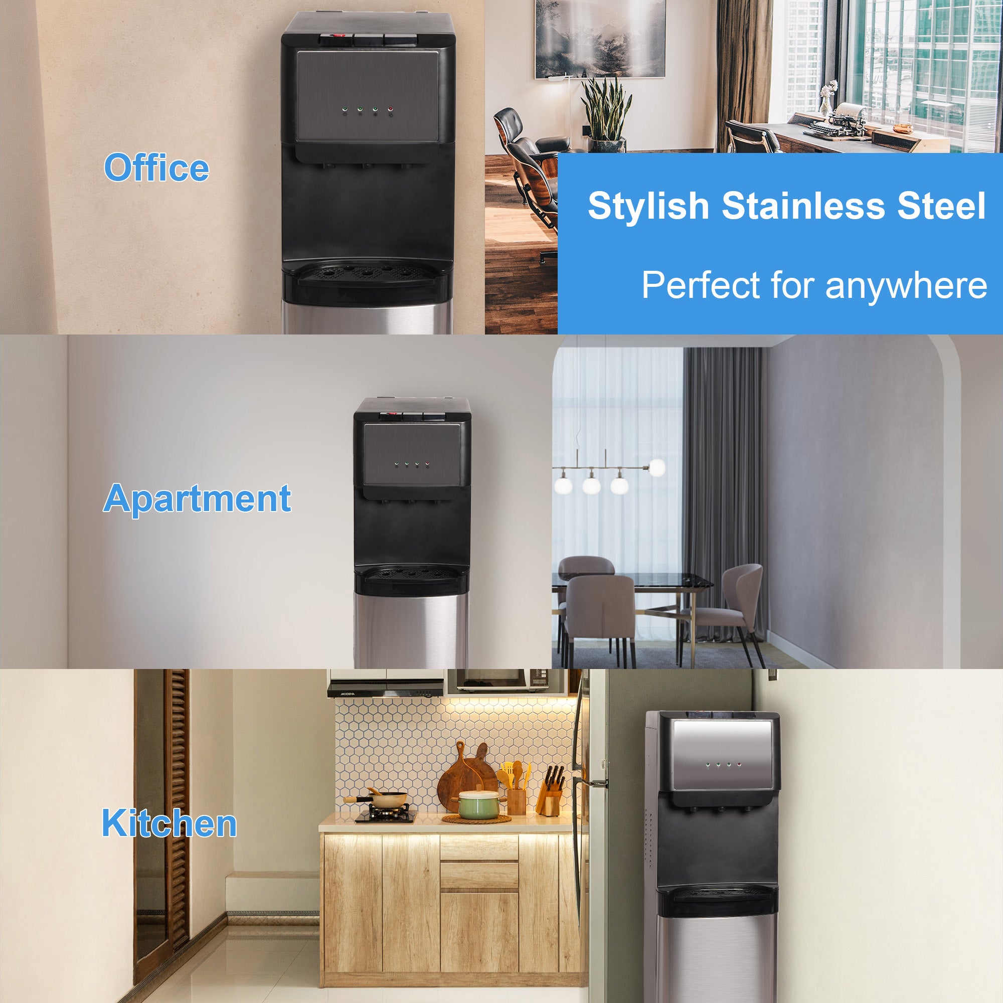 E-Macht 5 Gallon Bottom Loading Cold & Hot Water Cooler Dispenser with 3 Temperature Settings, Stainless Steel | e-macht.com