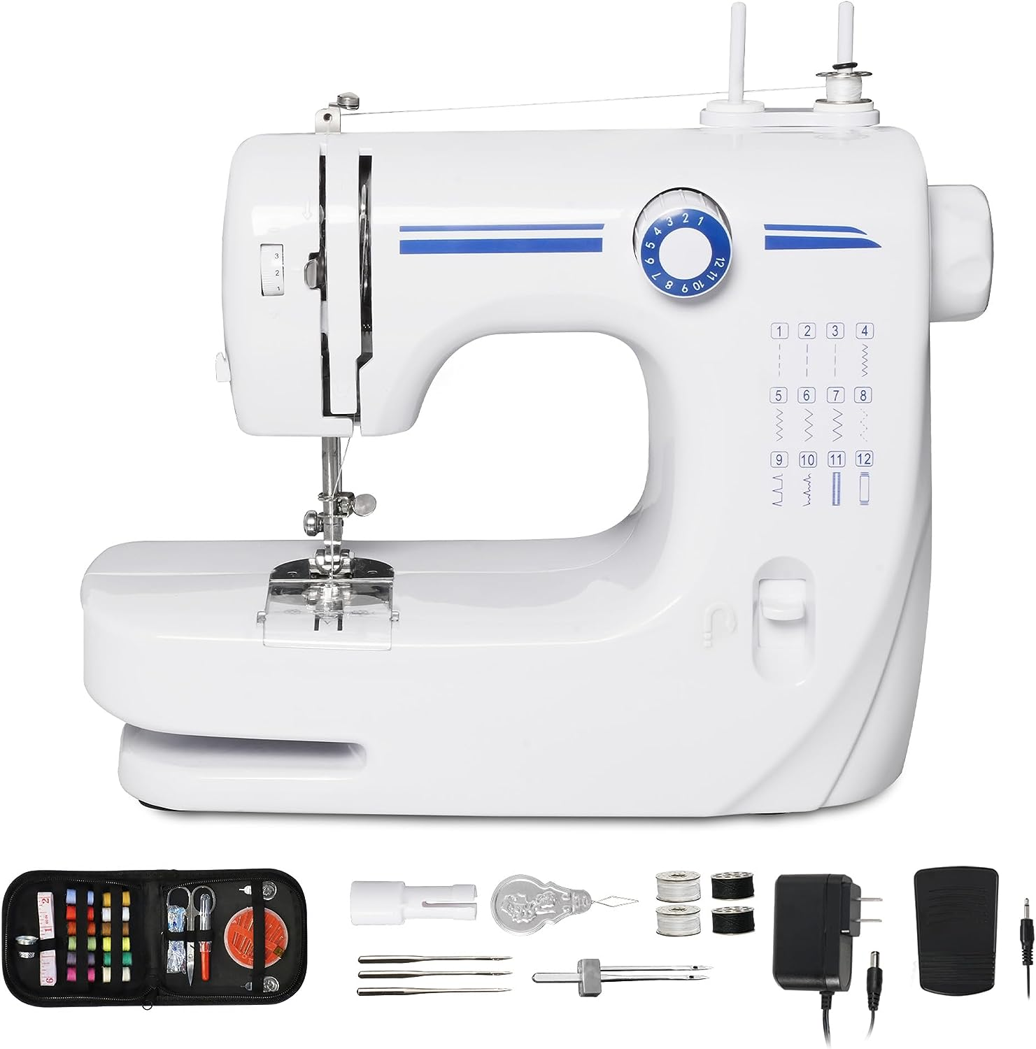 E-Macht 6V Portable Foot Pedal Sewing Machine w/ 12 Stitch Patterns for Beginners