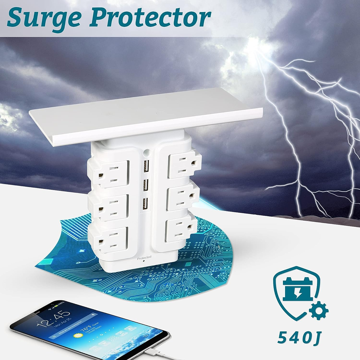 E-Macht Power Strip Tower 6 Outlets 3 Usb with Removable Shelf Wall Mount for Home Office| e-macht.com