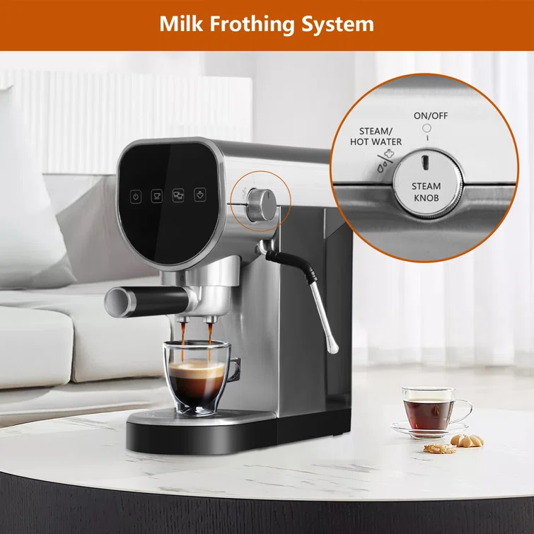 Manual Coffee Maker with Milk Frother Steam Wand, Compact Espresso Coffee Machine,Stainless Steel, 1250W