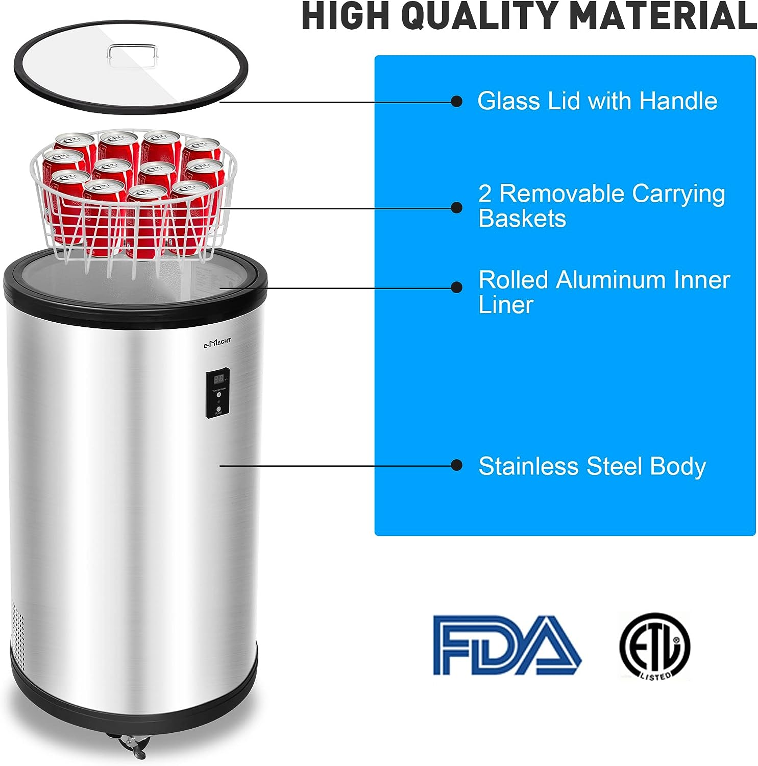 E-Macht 1.8 Cu.Ft Beverage Refrigerator Party Cooler Fridge with 4 Universal Wheels, Removable Baskets & LCD Display