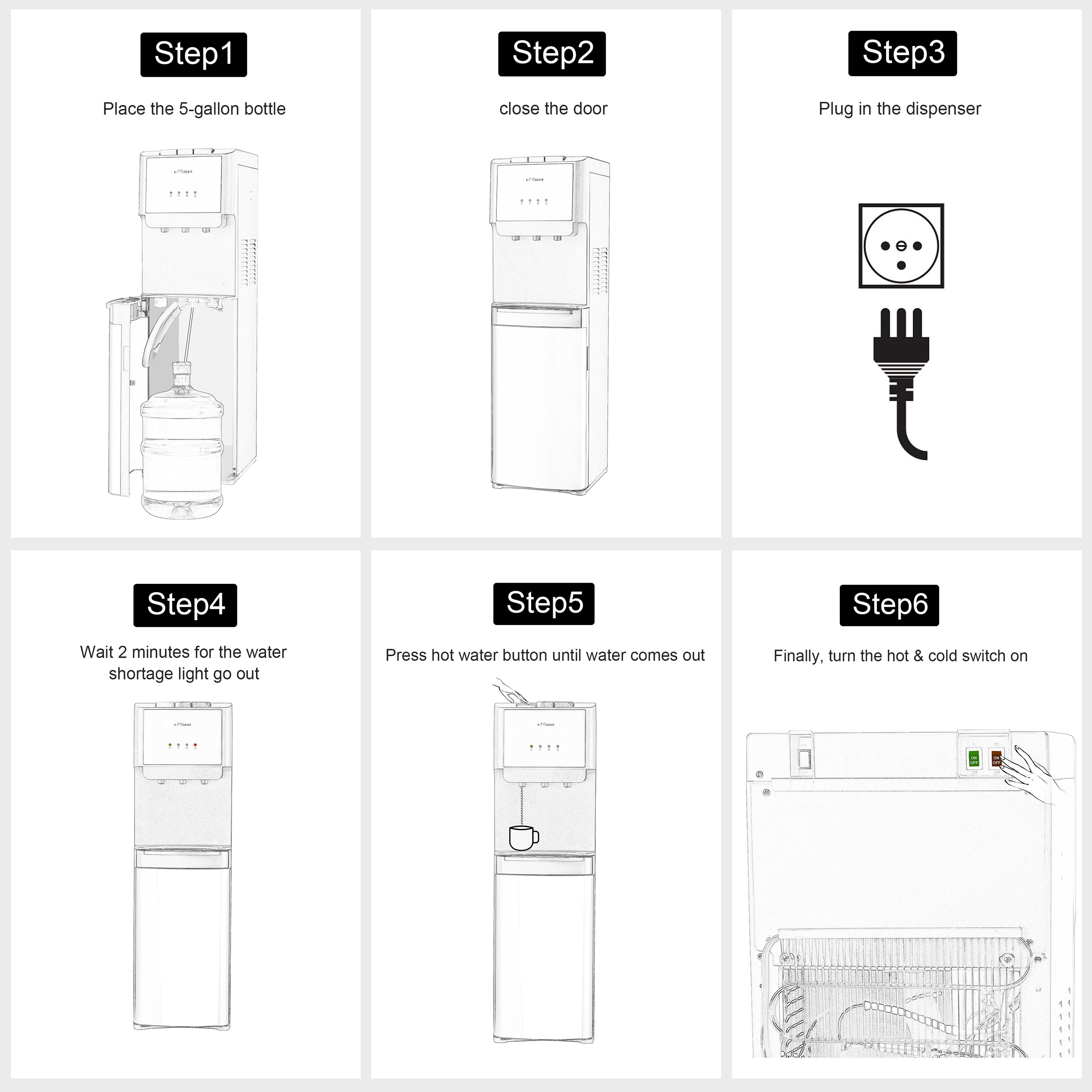 E-Macht 5 Gallon Bottom Loading Cold & Hot Water Cooler Dispenser with 3 Temperature Settings, Stainless Steel | e-macht.com