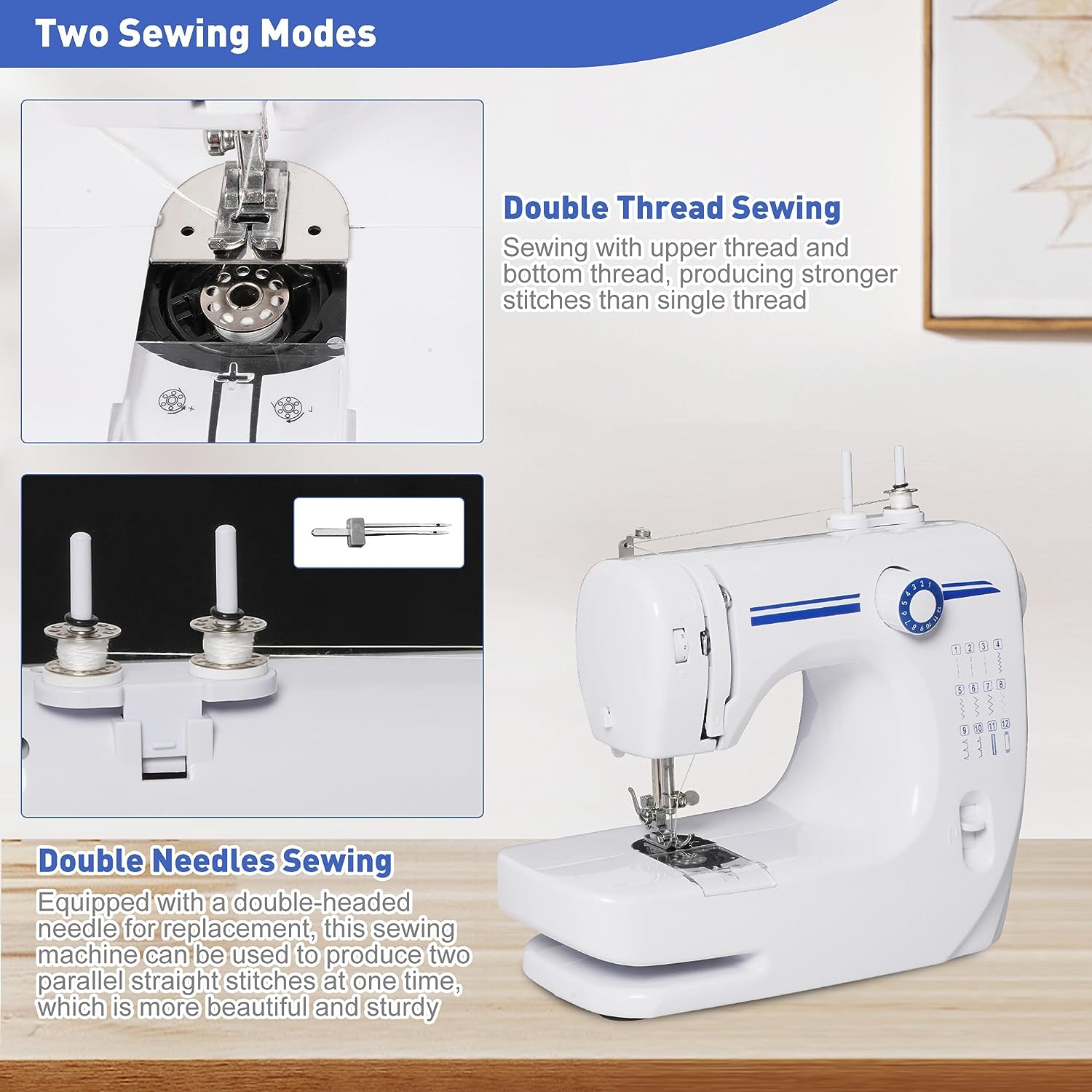 E-Macht 6V Portable Foot Pedal Sewing Machine w/ 12 Stitch Patterns for Beginners