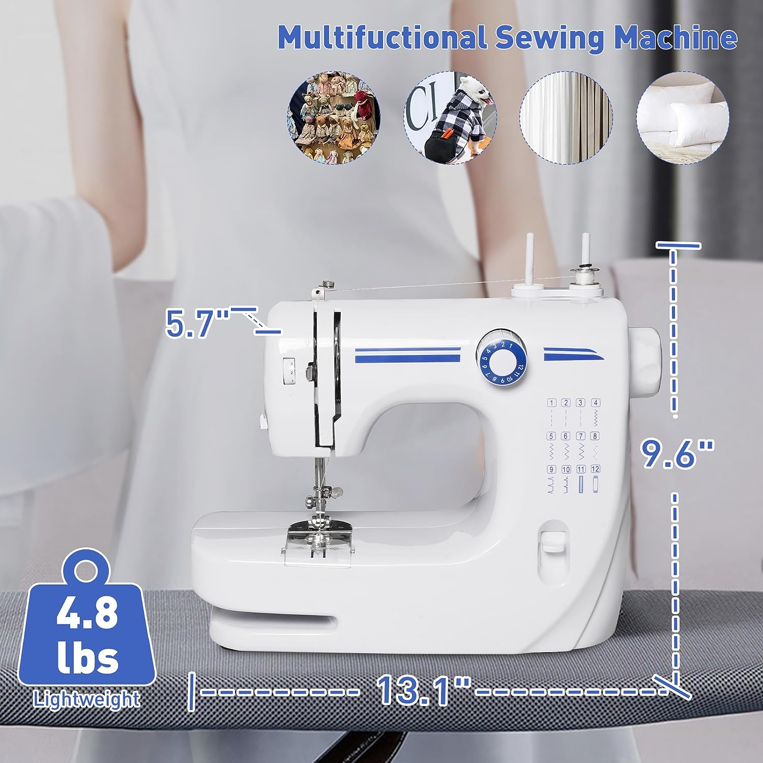 E-Macht 6V Portable Foot Pedal Sewing Machine w/ 12 Stitch Patterns for Beginners