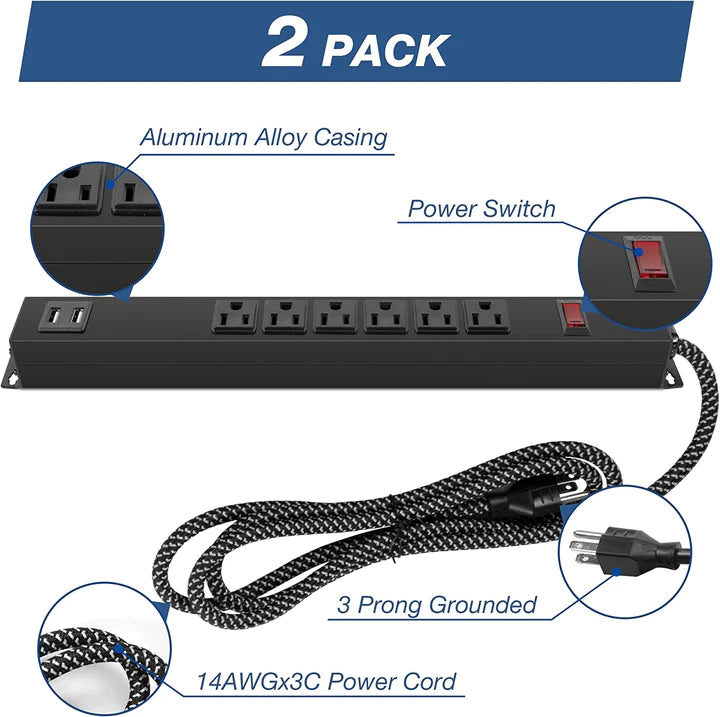 E-Macht 2 Pack Long Power Strip, 6 Metal Power Outlets 2 USB Ports, 6 ft Long Extension Cord with Hook & Loop, Black
