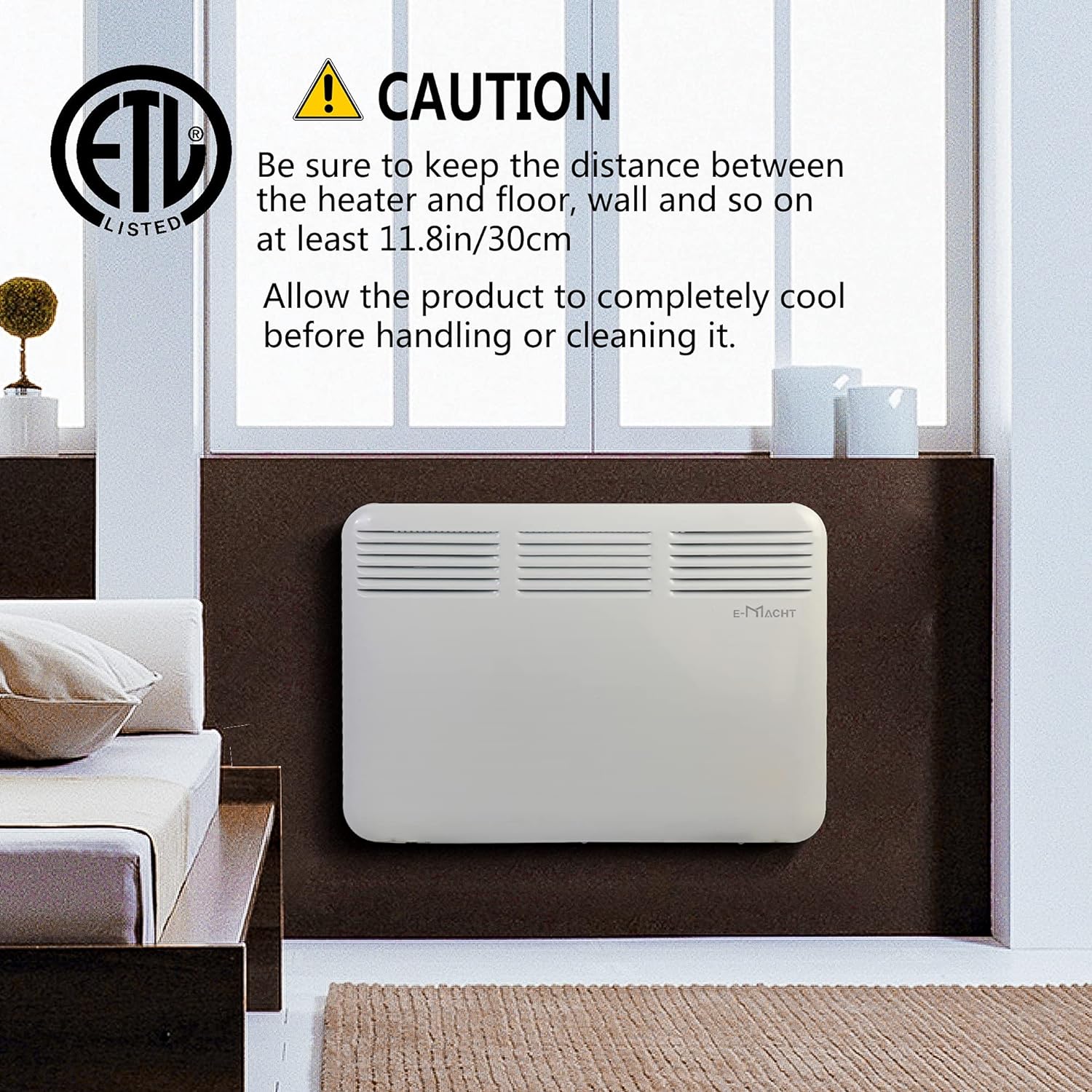 E-Macht 1000W Electric Convector Heater with Wheels Freestanding/Wall Mounted Smart Space Heater Panel