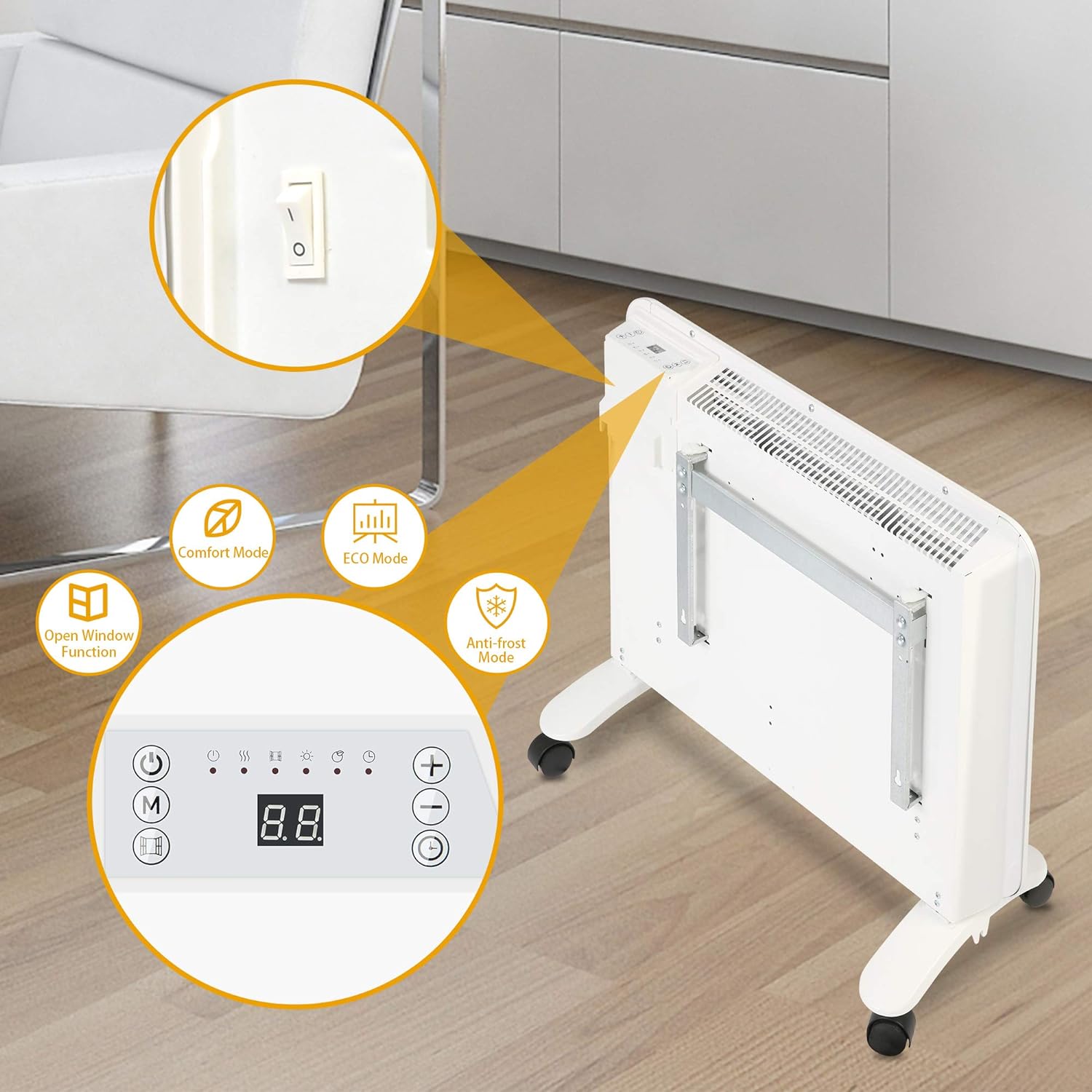 E-Macht 1000W Electric Convector Heater with Wheels Freestanding/Wall Mounted Smart Space Heater Panel