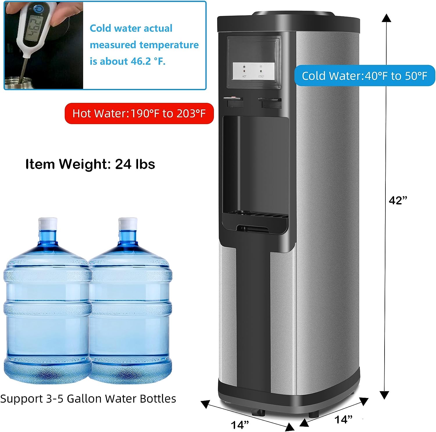 3-5 Gallon Top Loading Cold & Hot Water Dispenser, Black and Stainless Steel, ETL Listed, Child Safety Lock