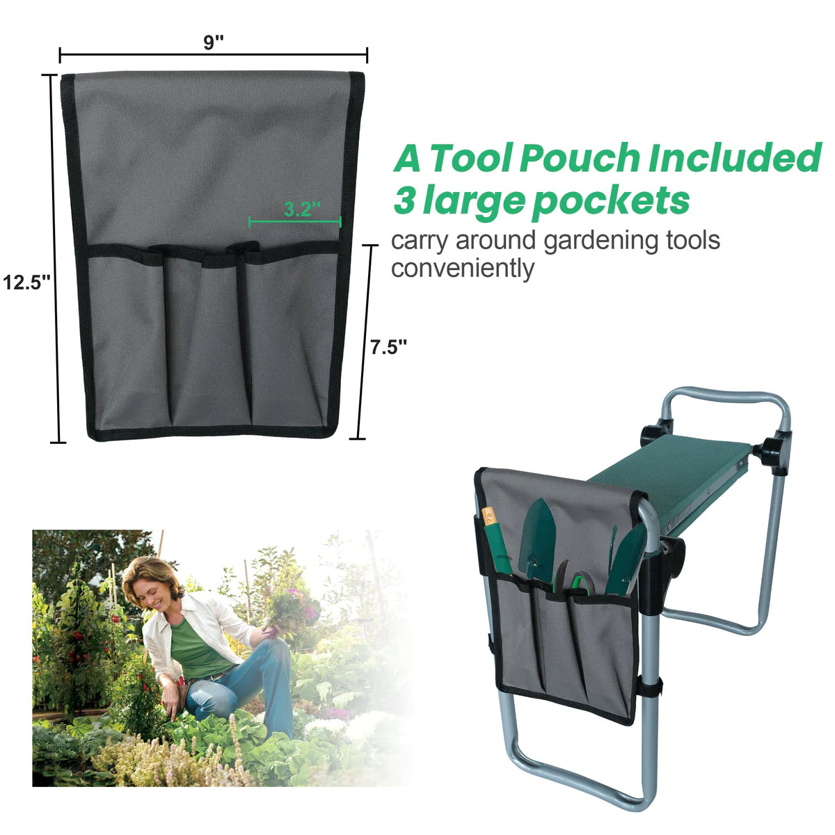 Ergonomic Portable Foldable Garden Kneeler Bench with Tools Bag, Green