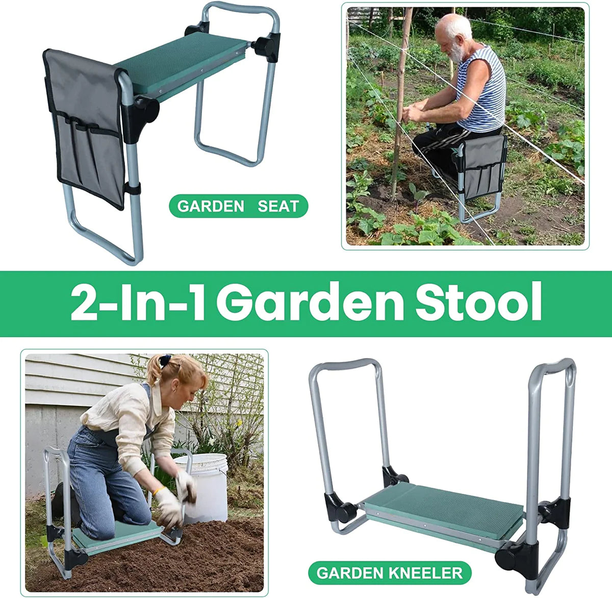 Ergonomic Portable Foldable Garden Kneeler Bench with Tools Bag, Green