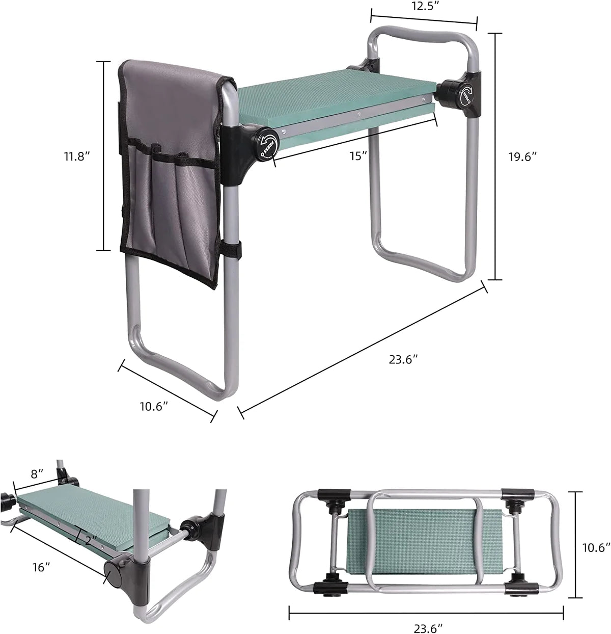 Ergonomic Portable Foldable Garden Kneeler Bench with Tools Bag, Green