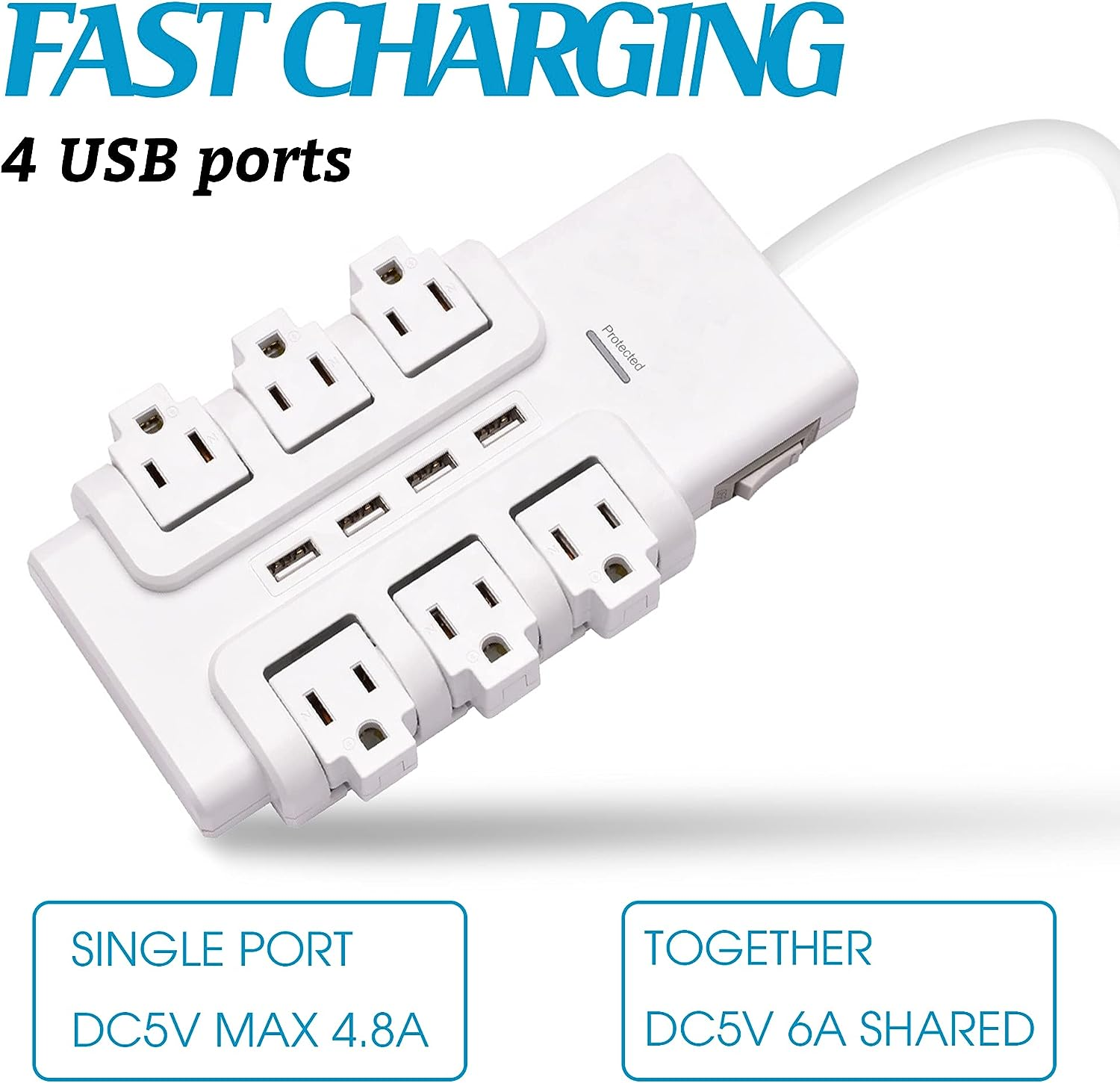 E-Macht 6 Outlets Extender Rotating Power Strip Surge Protector with 4 USB Ports and 6ft Heavy Duty Extension Cord Wall Mount for Home Office | e-macht.com