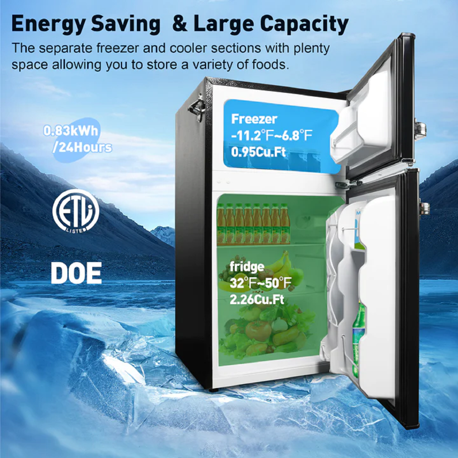 E-Macht Black Double Door Refrigerator, 3.2 Cu. Ft. Small Refrigerator, Adjustable Thermostat Control | e-macht.com
