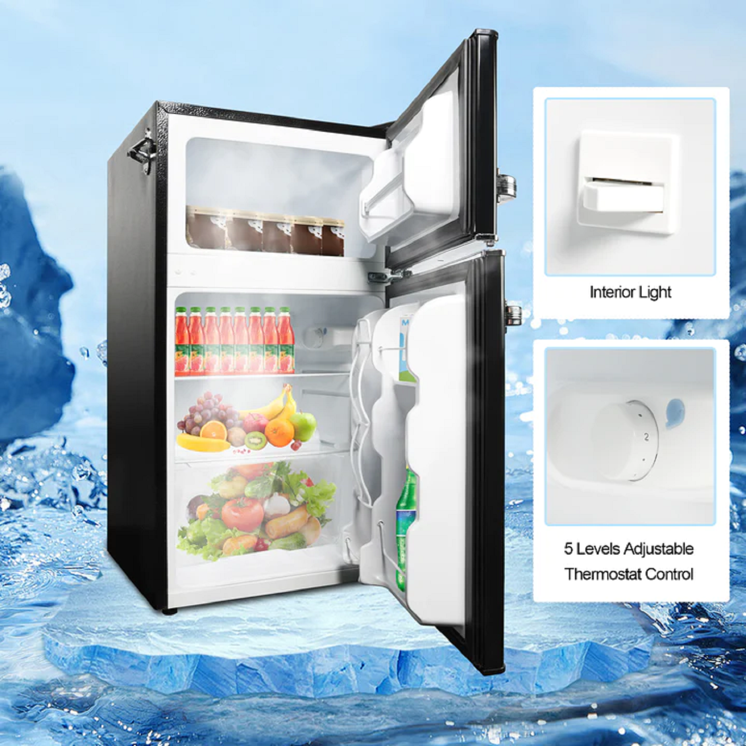 E-Macht Black Double Door Refrigerator, 3.2 Cu. Ft. Small Refrigerator, Adjustable Thermostat Control | e-macht.com