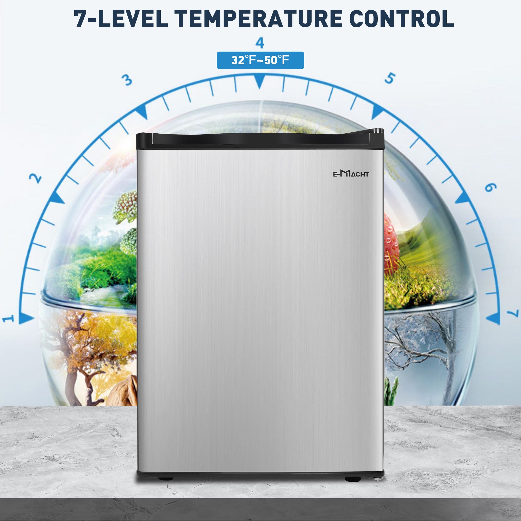 E-Macht Single Door Compact Refrigerator with Freezer, Adjustable Legs and Adjustable Temperature Control, Reversible Door