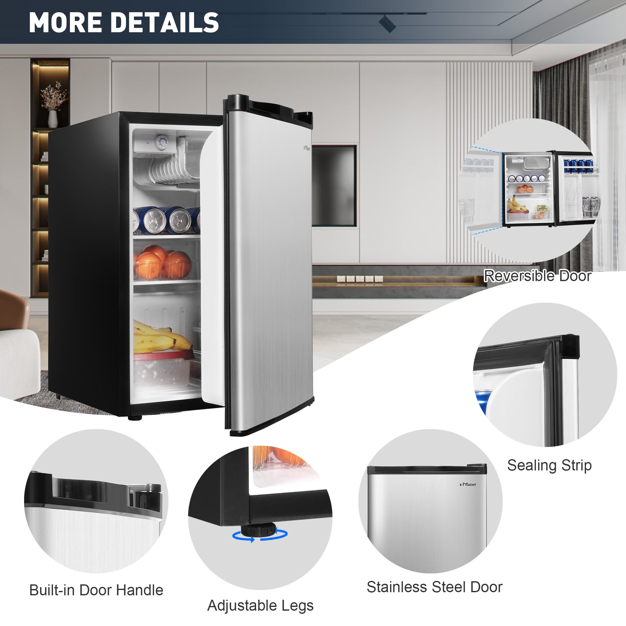 E-Macht Single Door Compact Refrigerator with Freezer, Adjustable Legs and Adjustable Temperature Control, Reversible Door